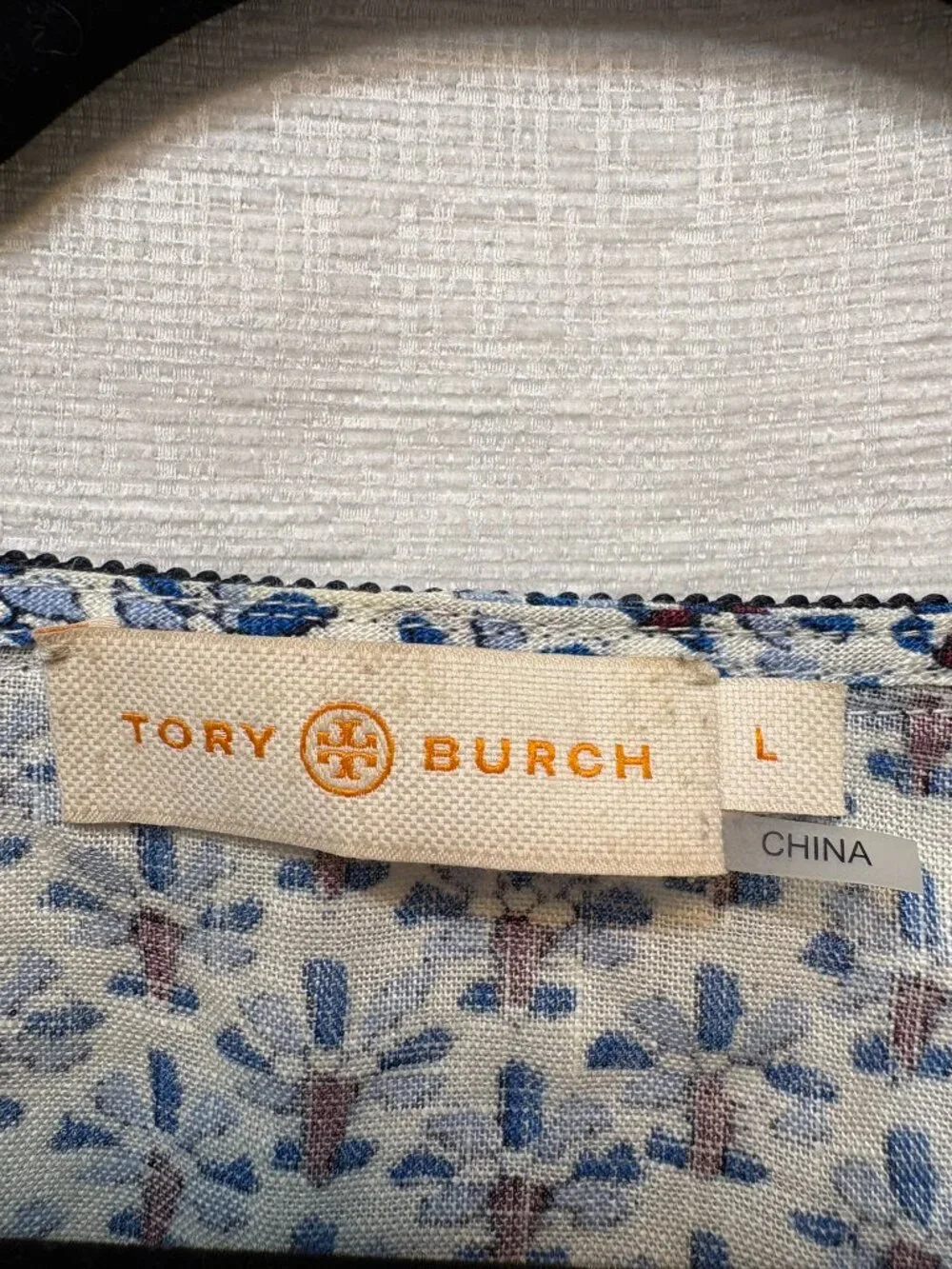 Tory Burch Blue Floral Geometric Print Split Neck Tunic Blouse Large